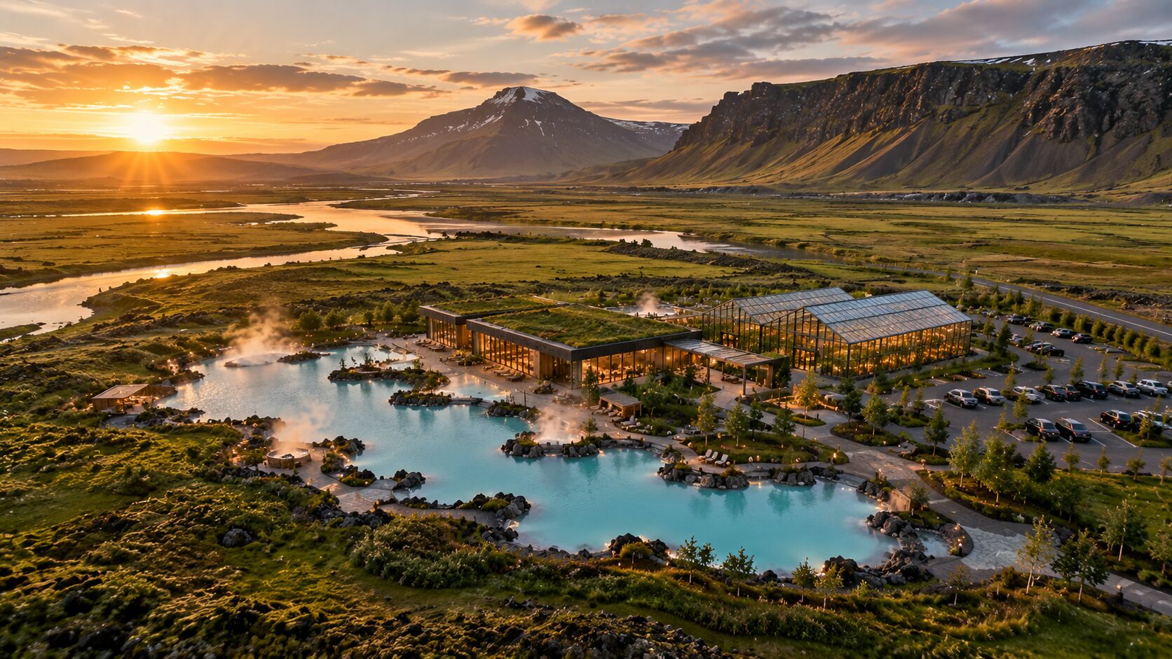 Concept aerial view of a geothermal lagoon, spa building and greenhouses on green lowland below lava cliffs at sunset