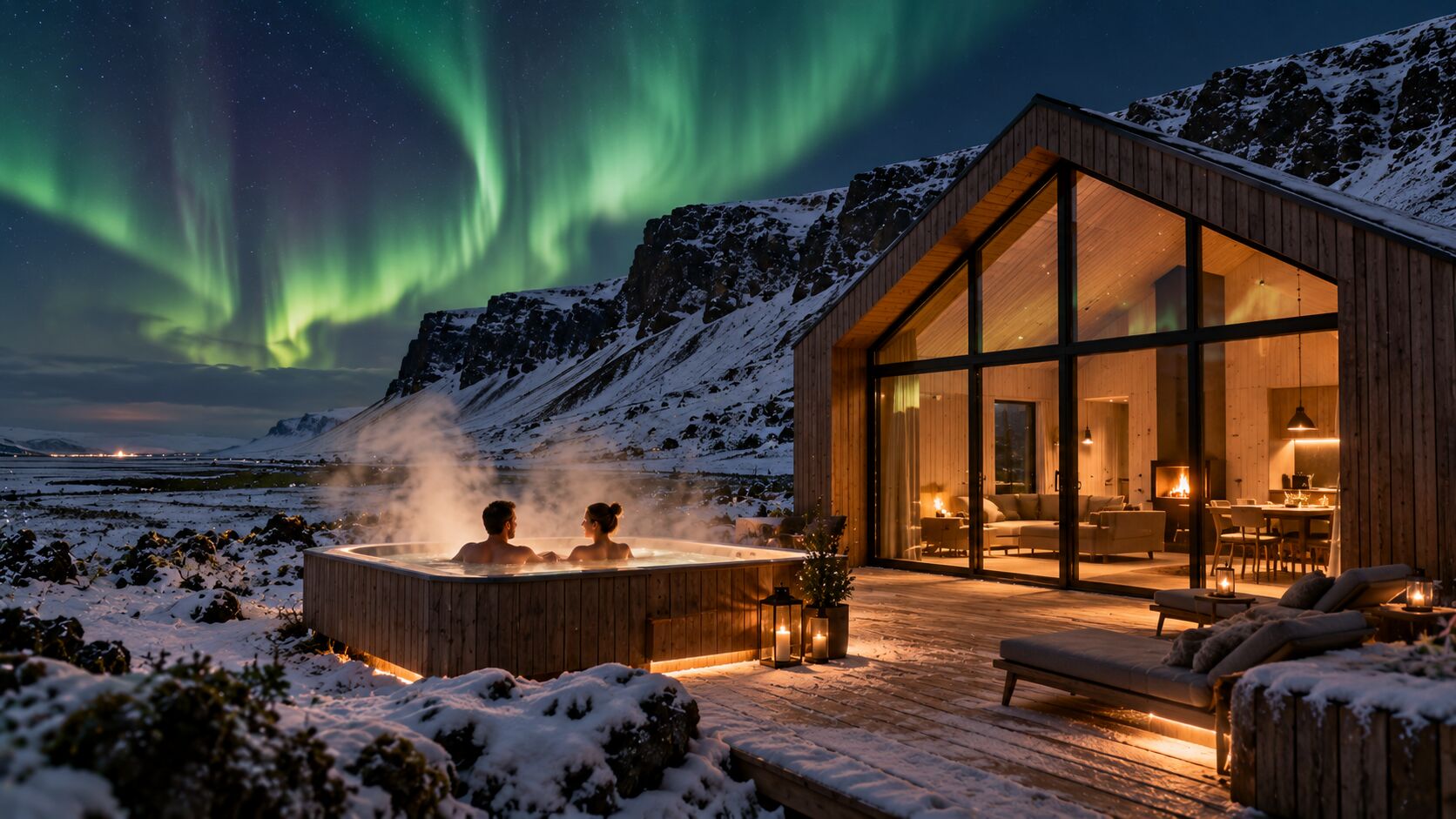 Concept image of a timber cabin with a steaming private hot tub under the northern lights
