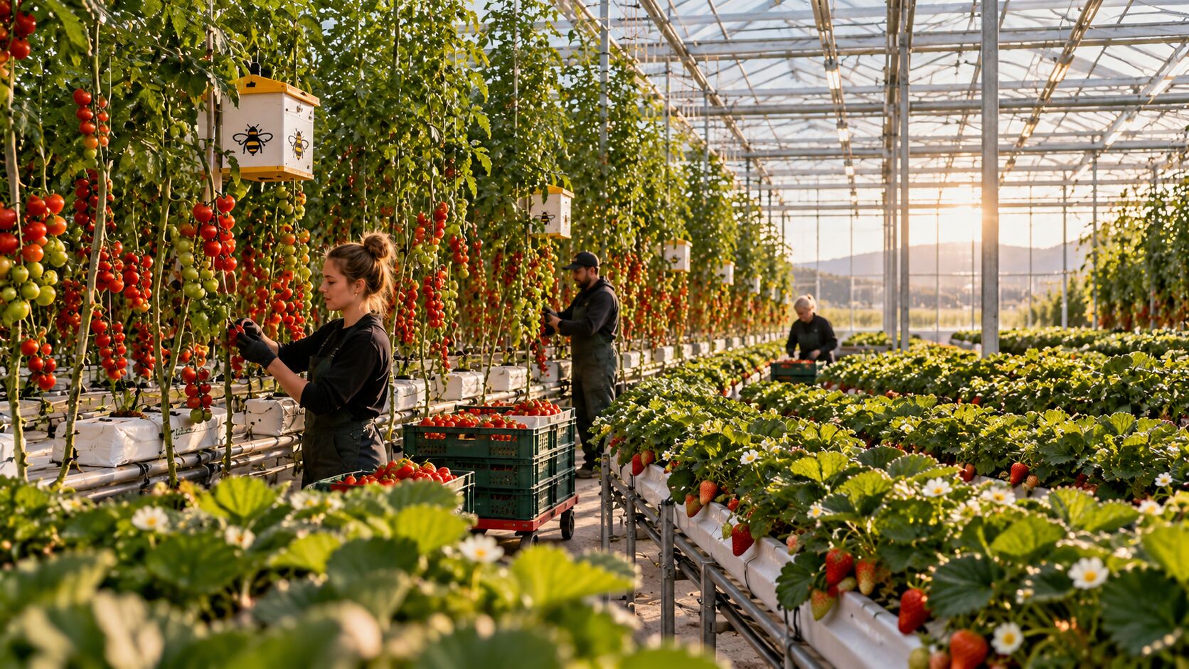 Concept image of growers tending tomatoes and strawberries in a geothermal greenhouse
