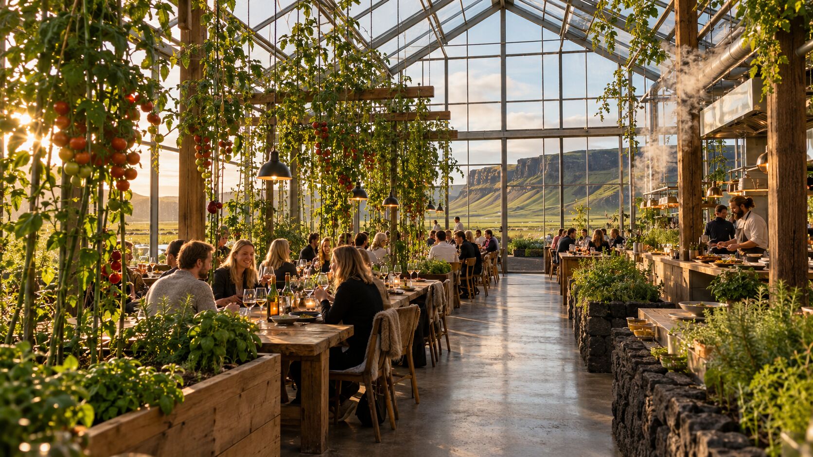 Concept image of guests dining at long timber tables among tomato vines in a geothermal greenhouse restaurant