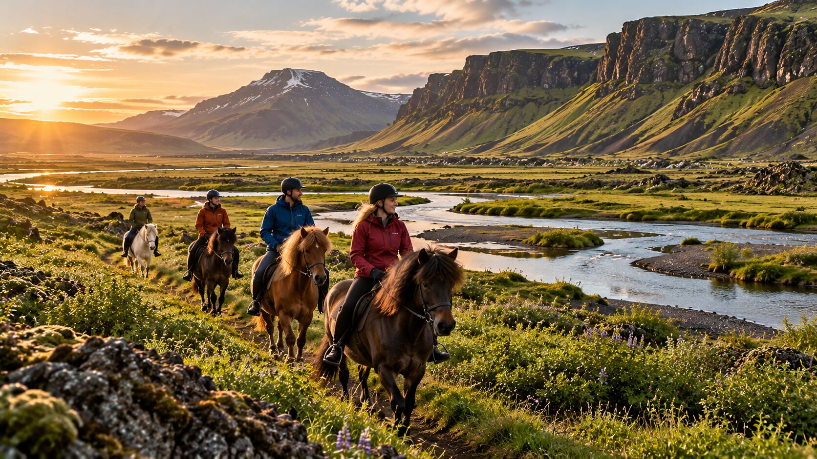 Concept image of riders on Icelandic horses along a river below lava cliffs