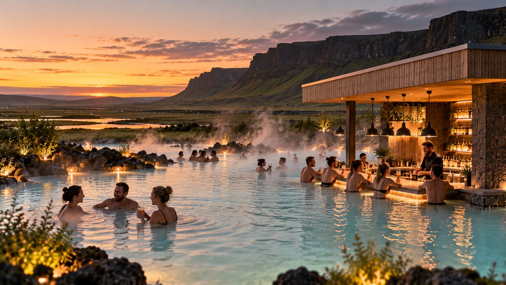 Concept image of bathers at a swim-up bar in a steaming geothermal lagoon at dusk below lava cliffs