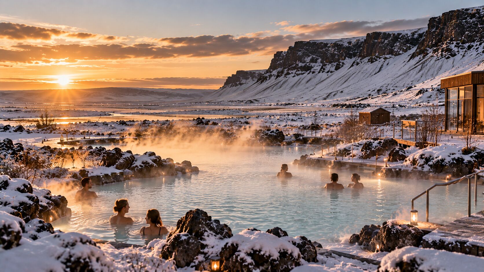 Concept image of a steaming geothermal lagoon in snow at sunset with lava rocks and cliffs