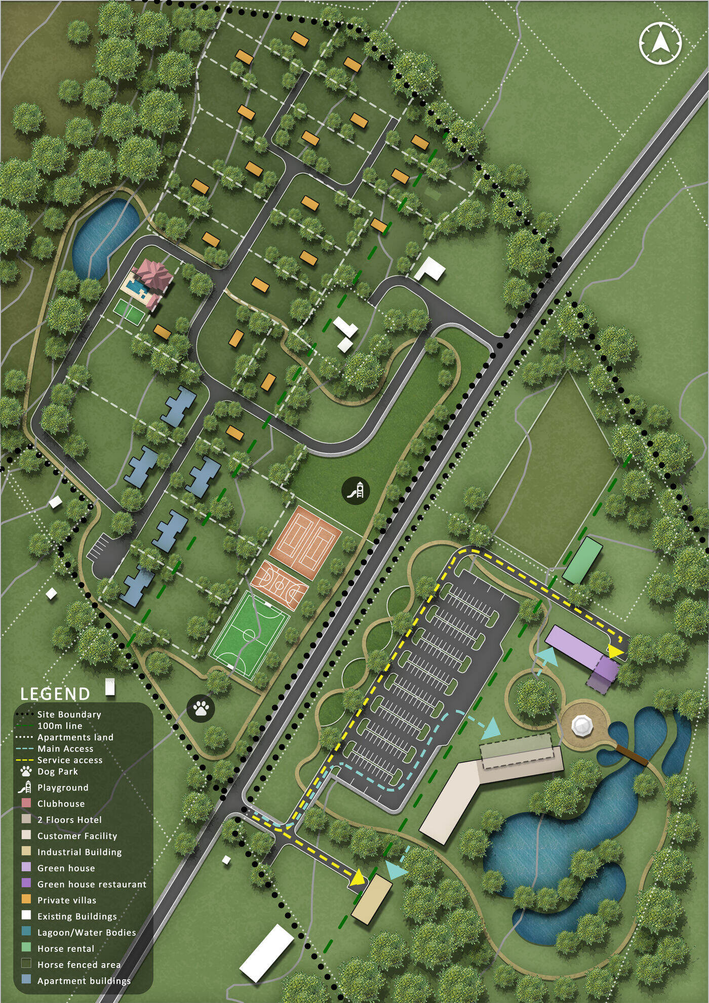 Illustrated 2019 concept masterplan for Riftún with lagoon, greenhouses, cabins and parking