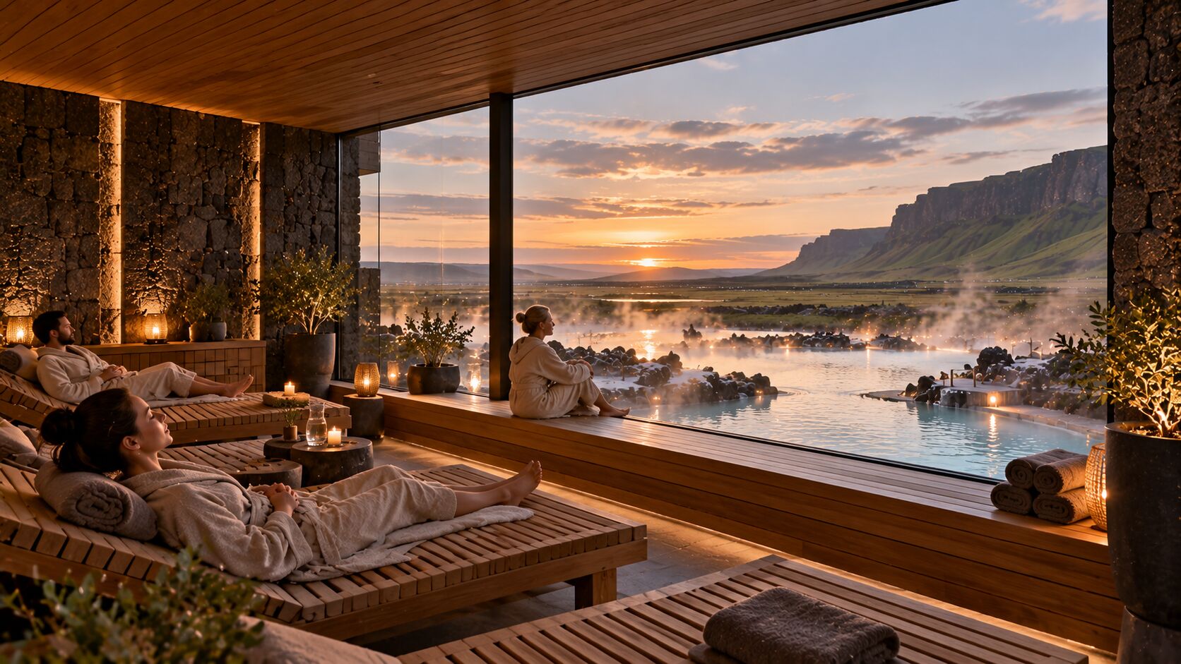 Concept image of a spa relaxation room with timber loungers and a window over a steaming lagoon
