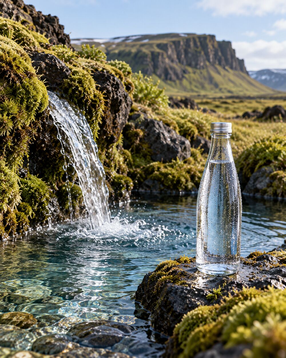 Concept image of a cold spring flowing over mossy rock with an unbranded glass water bottle