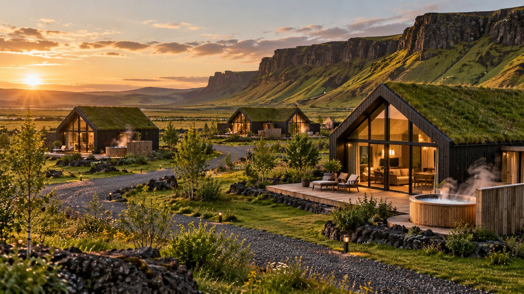 Concept image of turf-roofed holiday homes with private hot tubs below lava cliffs