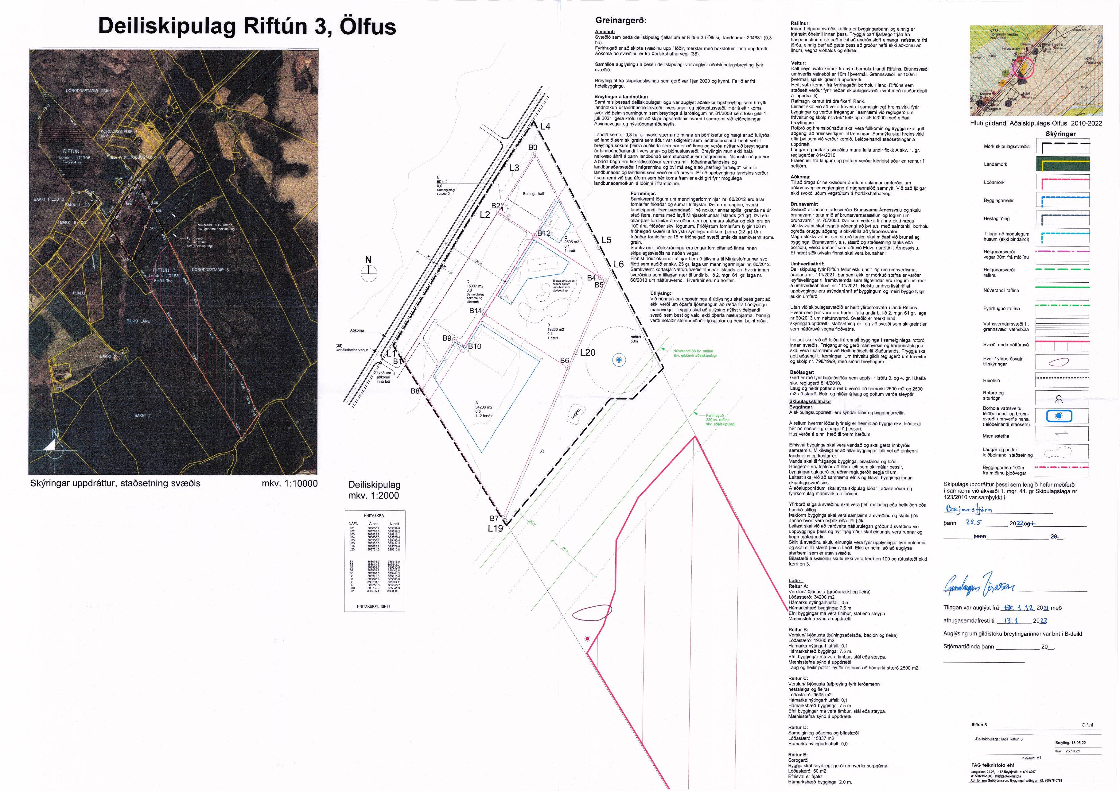 Approved detailed plan for Riftún 3 below the road, signed 2022, showing plots A to E and the lagoon